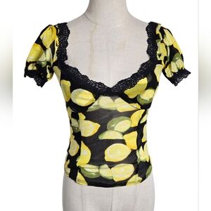 Lemon Print Lace Trim Top